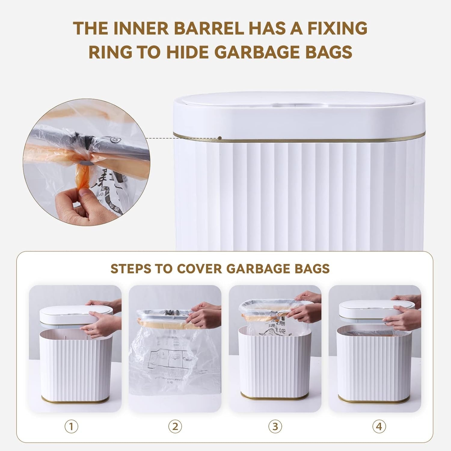 2.5 Gallon Touchless Bathroom Bin Motion Sensor White Gold