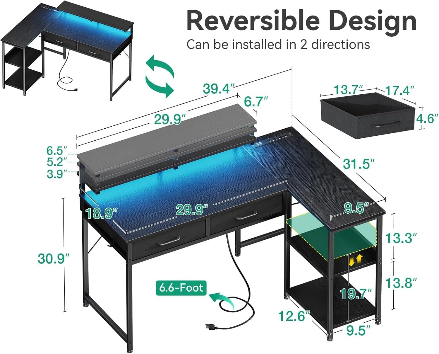 L Shaped 40" Gaming Desk w/ Drawers, Shelves & USB Ports|Home Office Table