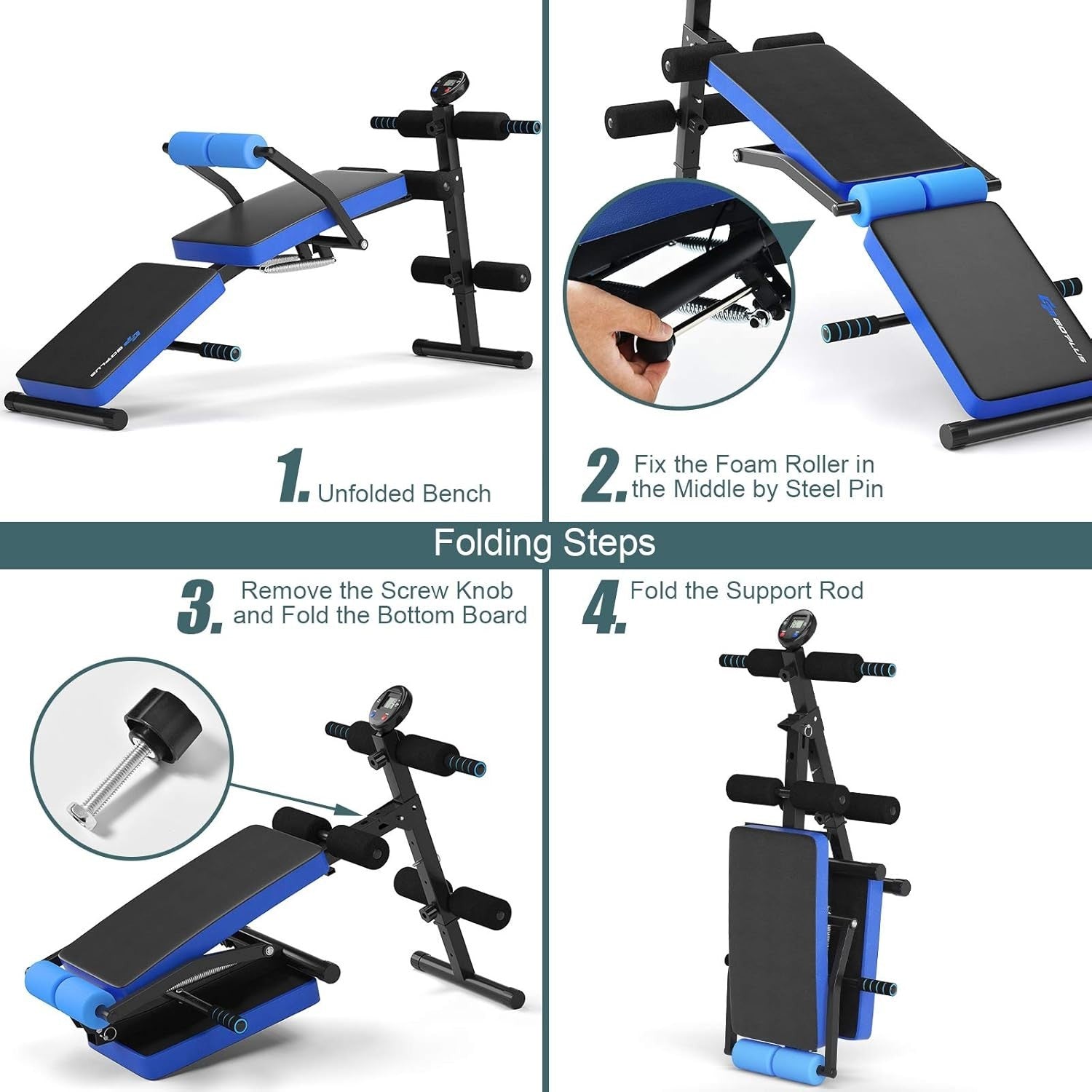 Foldable Sit-Up Training Bench With LCD Monitor Incline Decline Home Gym