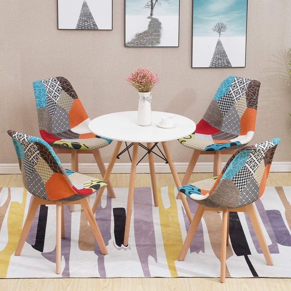 Modern Round Dining Table & 2 Patchwork Chairs Set | Solid Wood Legs