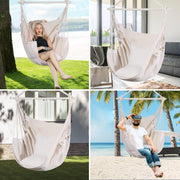 Beige Hammock Chair Swing w/ Pillows & Bar | Indoor Outdoor 330lbs Max