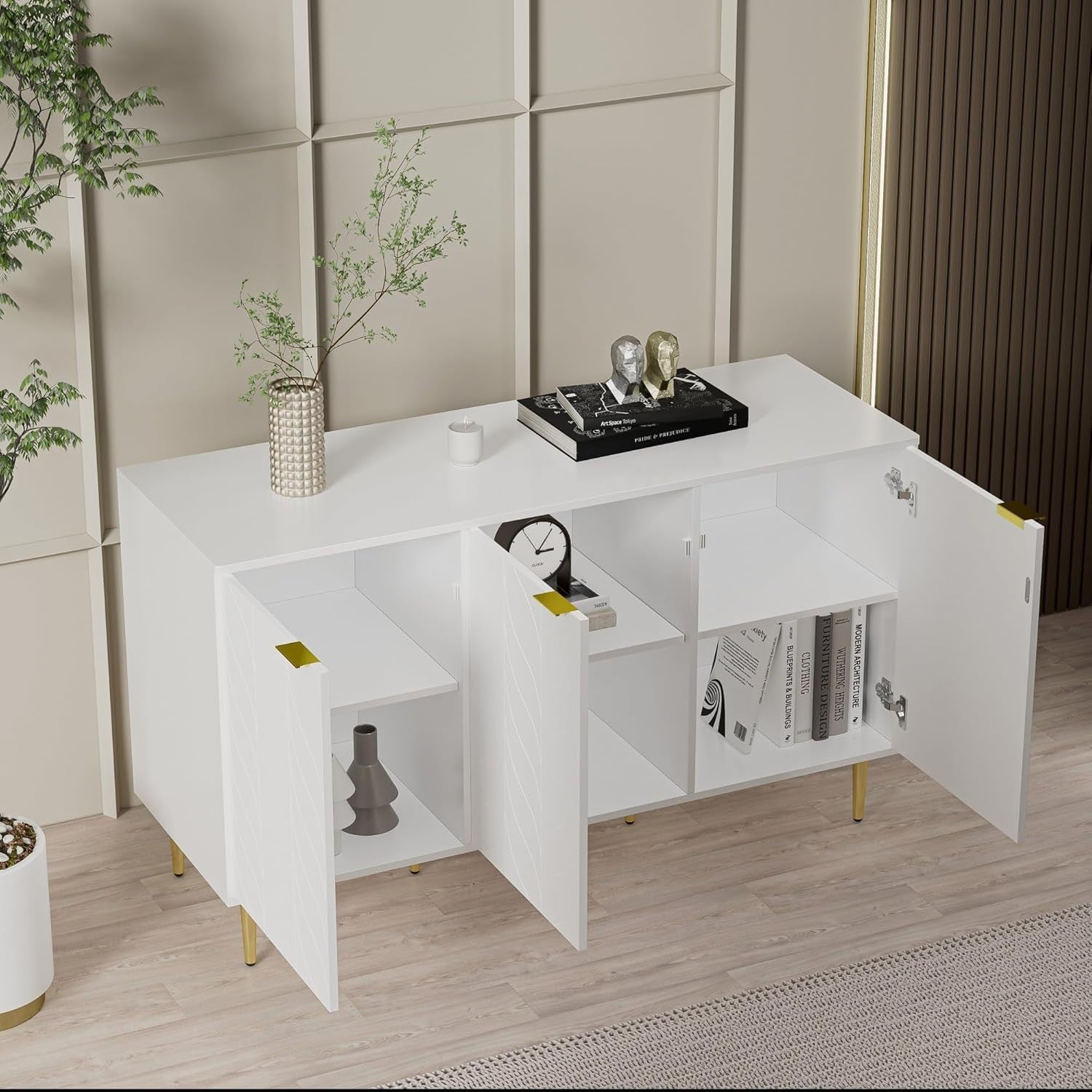 White Sideboard Cabinet 3 Doors Gold Legs Modern Storage Unit 127cm