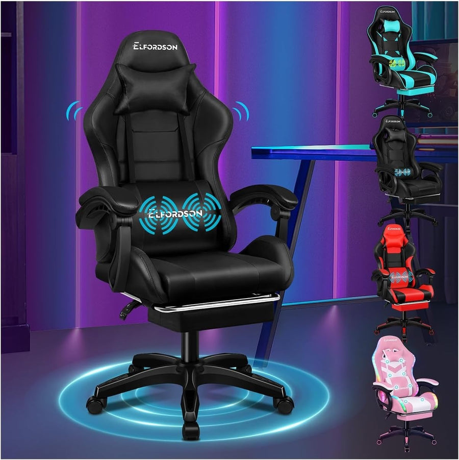 Black XL Gaming Chair Massage Lumbar Footrest Ergonomic High Back PU Leather