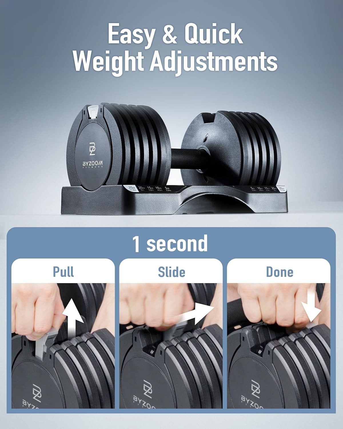 25lb Smart Adjustable Dumbbells Pair 5-in-1 Quick Select Home Gym