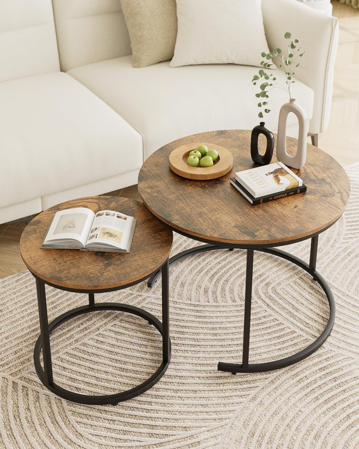 Nest of 2 Round Coffee Table Set Rustic Brown Industrial Easy Assembly