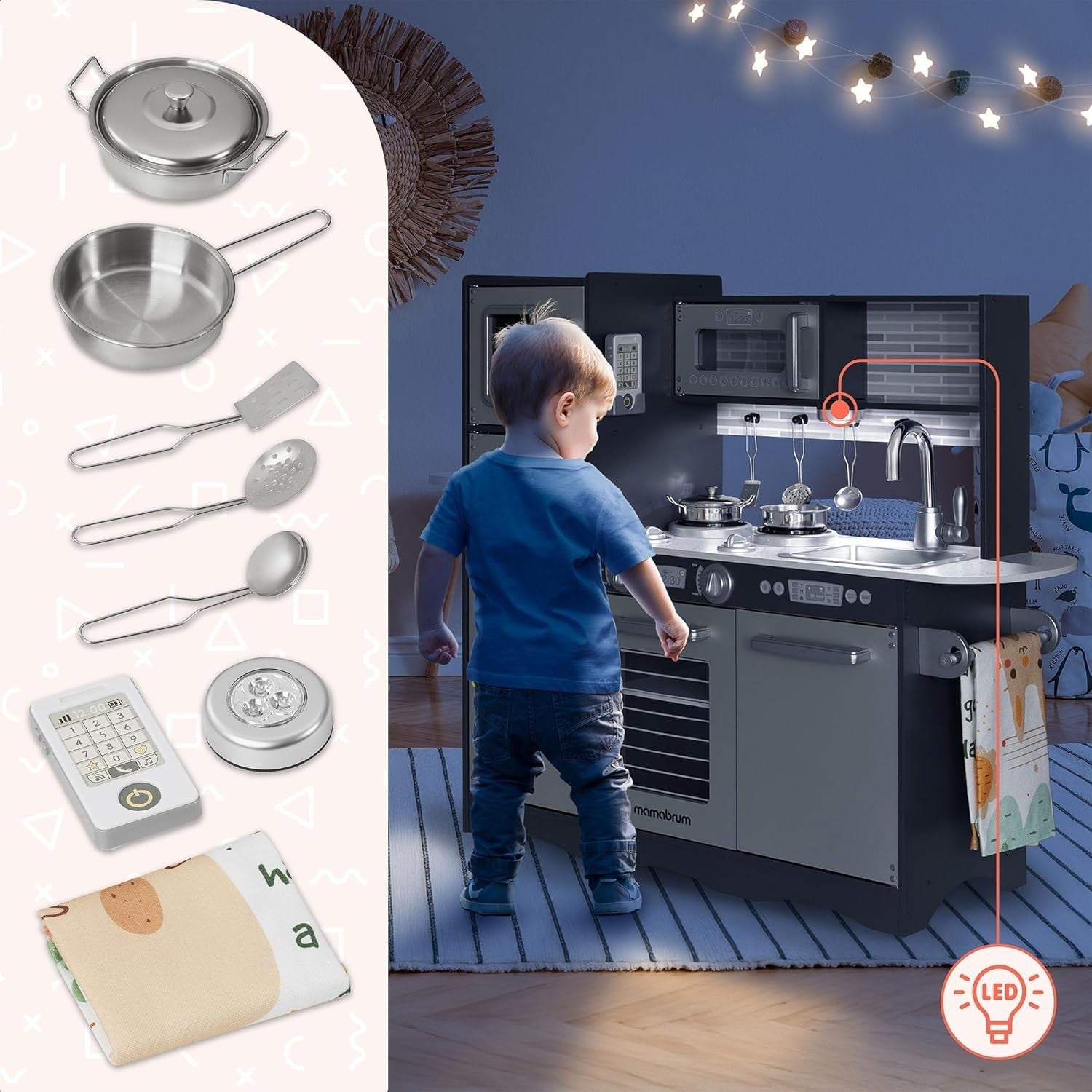 Wooden Kids Play Kitchen LED Lights Pretend Cooking Set Grey Toy