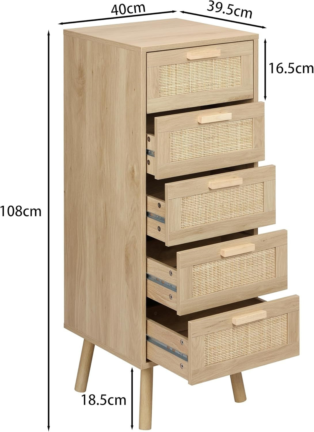 5 Drawer Rattan Chest Storage Unit Tall Bedroom Cabinet with Wood Legs