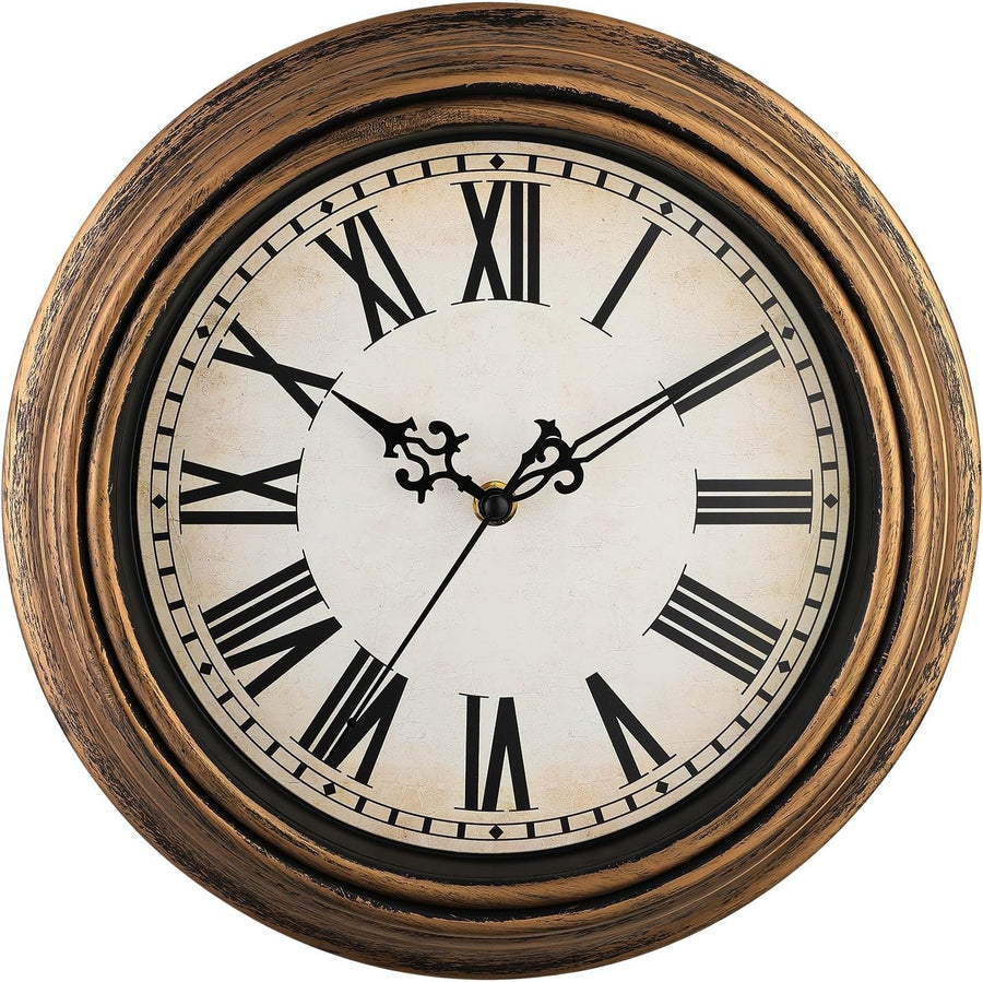 Large Vintage Wall Clock 16" Silent Non-Ticking Roman Numeral Copper Gold Decor