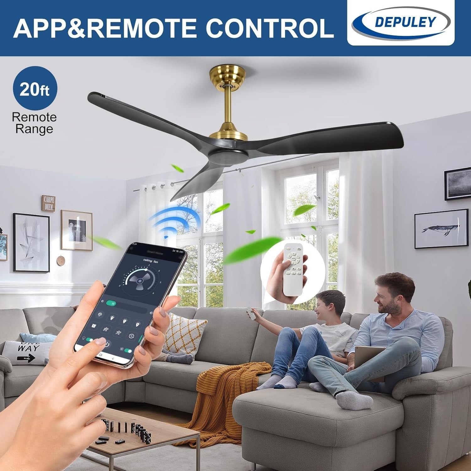 52-Inch Black Gold Ceiling Fan, Quiet DC Motor, Remote & App Control
