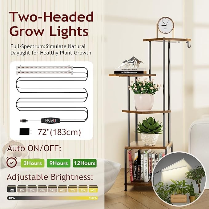 5 Tier Metal Plant Stand with Grow Lights, Tall Corner Flower Shelf for Home