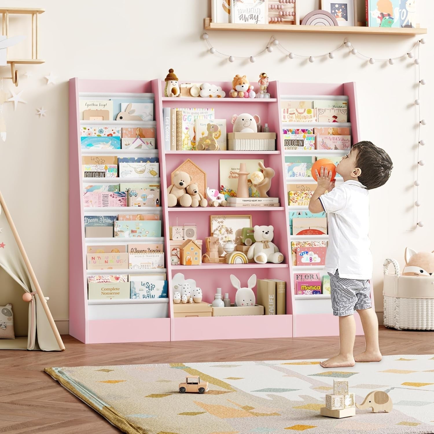 Kids Bookshelf Toy Storage Organizer with 14 Fabric Shelves & 5 Open Racks