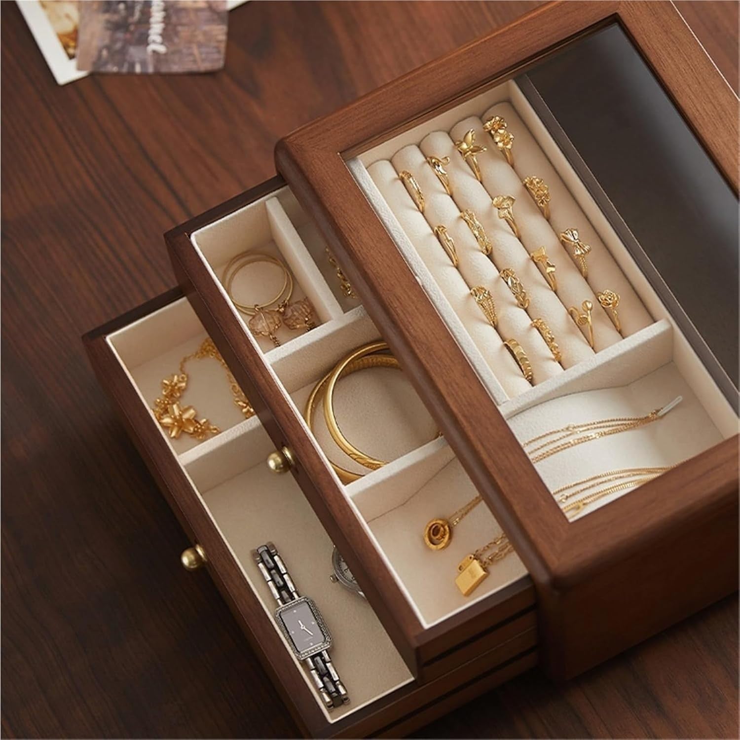Large Wooden Jewelry Armoire Multi Layer Organizer Luxury Storage Box