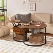 Round Nesting Coffee Table Set Lift Top Storage Wood Rustic Brown Easy Assembly