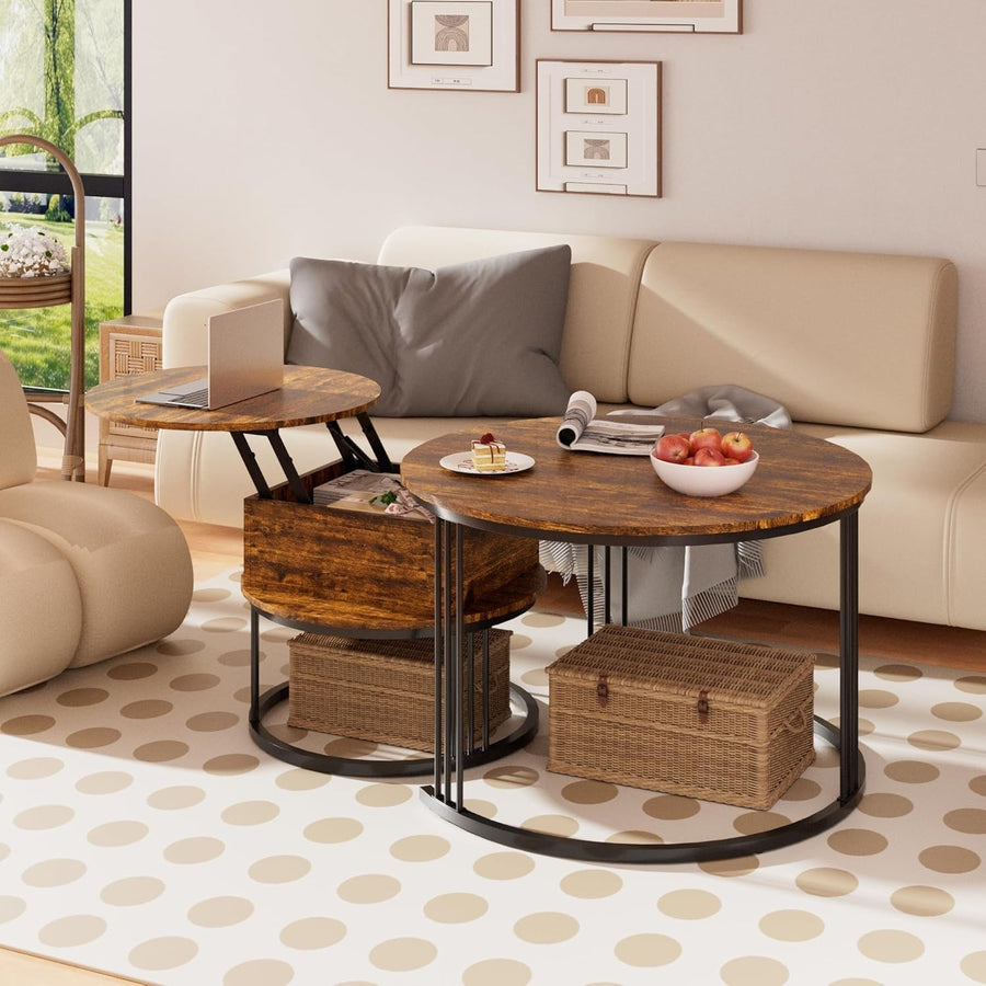 Round Nesting Coffee Table Set Lift Top Storage Wood Rustic Brown Easy Assembly
