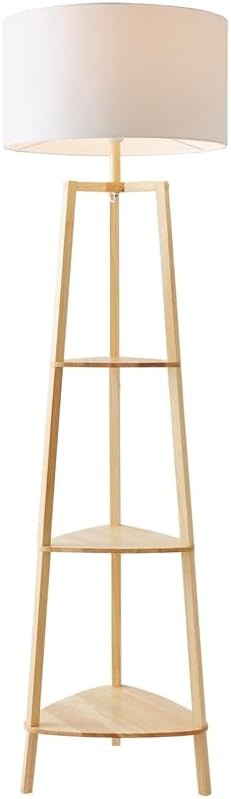 Wooden Floor Lamp with Shelves Storage Stand Light White Shade Tall
