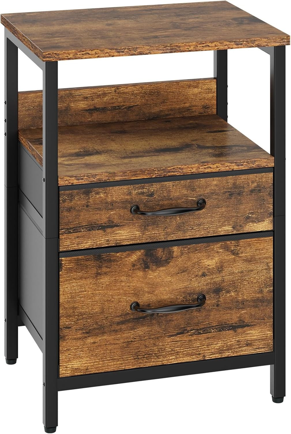 Rustic Brown Bedside Table with 2 Drawers & Open Shelf – Metal Frame Storage Uni