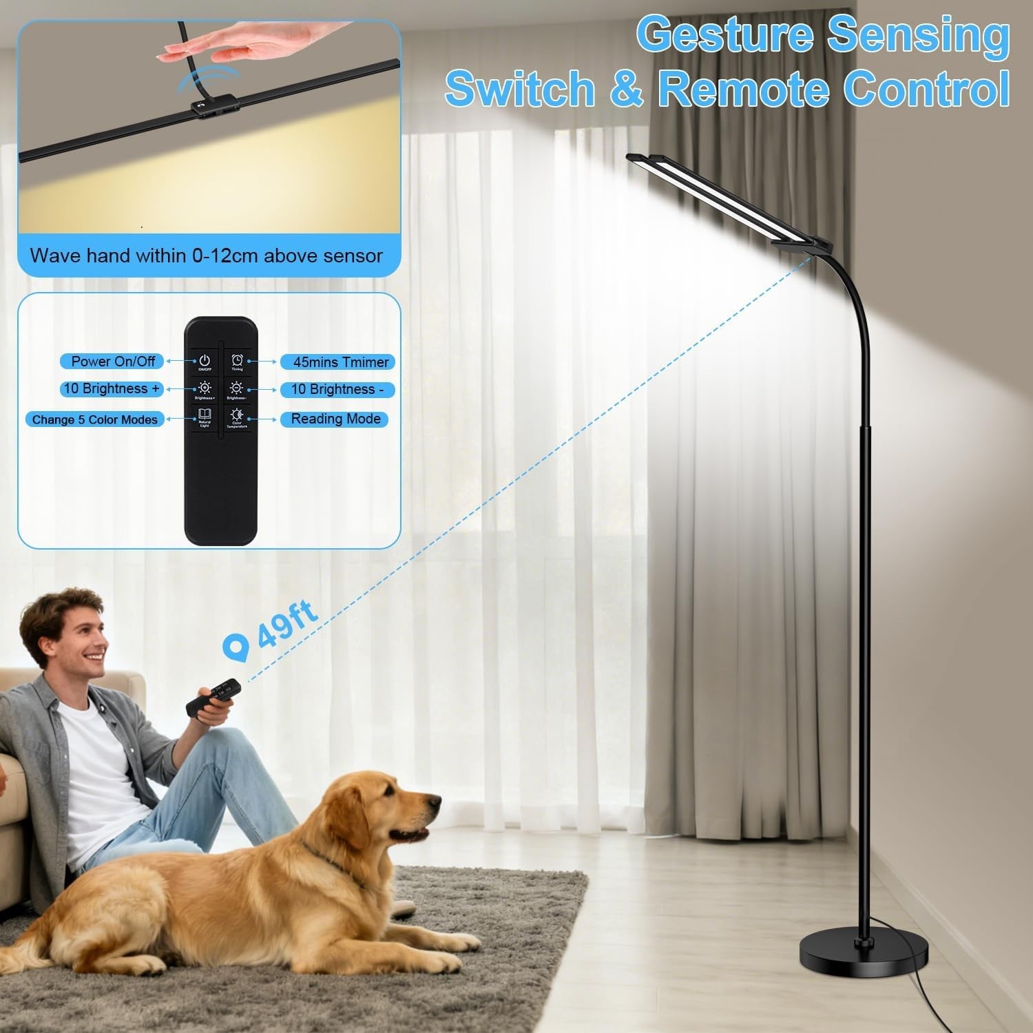 LED Dual Head Floor Lamp Dimmable Remote Gesture Control Reading Light