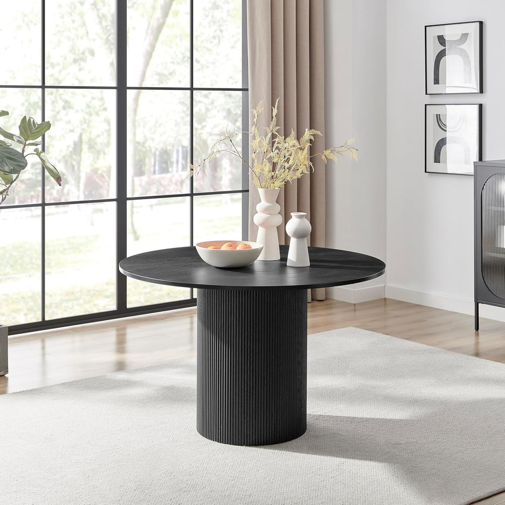 Black Round Pedestal Dining Table 120cm Scandi Modern Wood 4-6 Seat