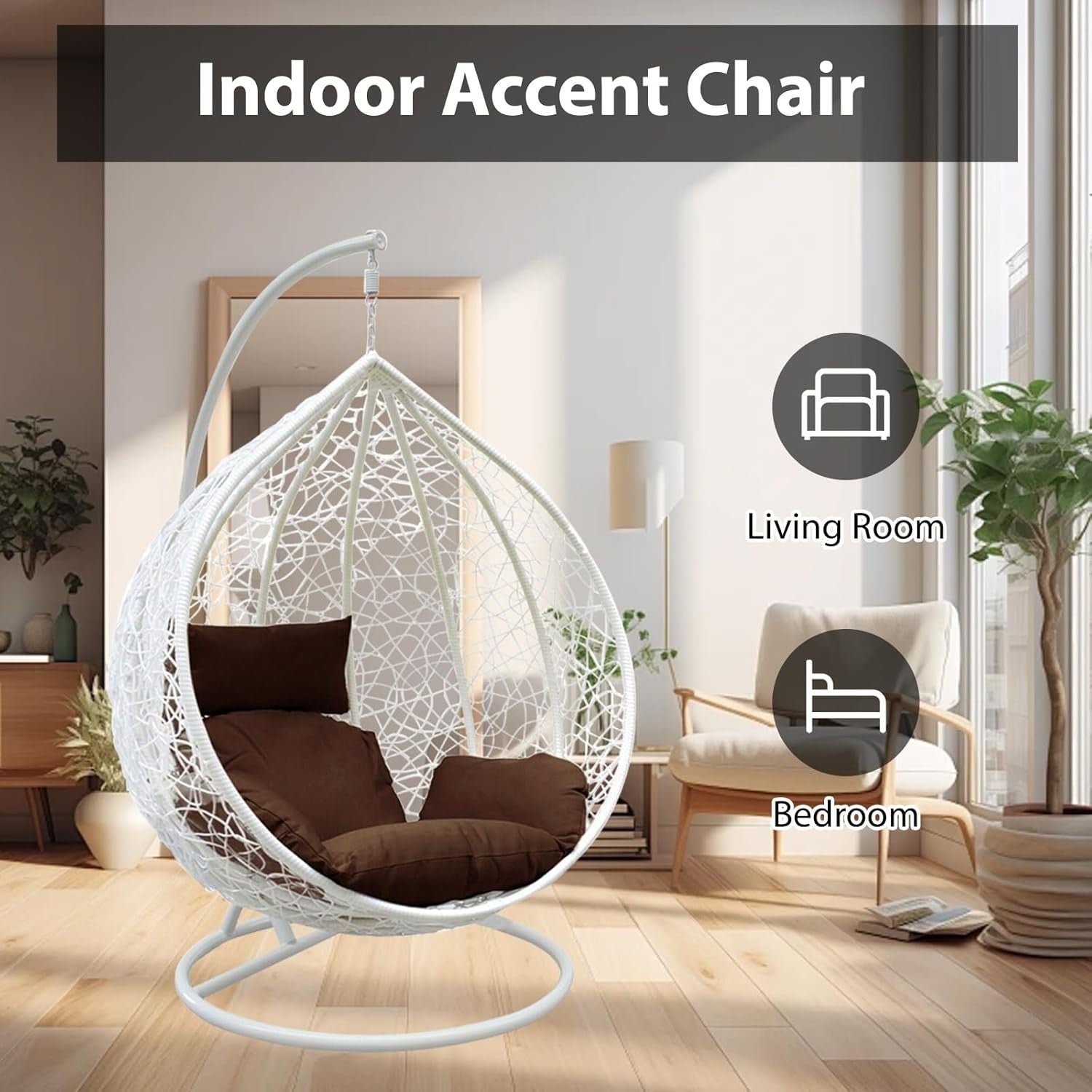 White Rattan Hanging Egg Chair with Stand & Cushion for Indoor Outdoor