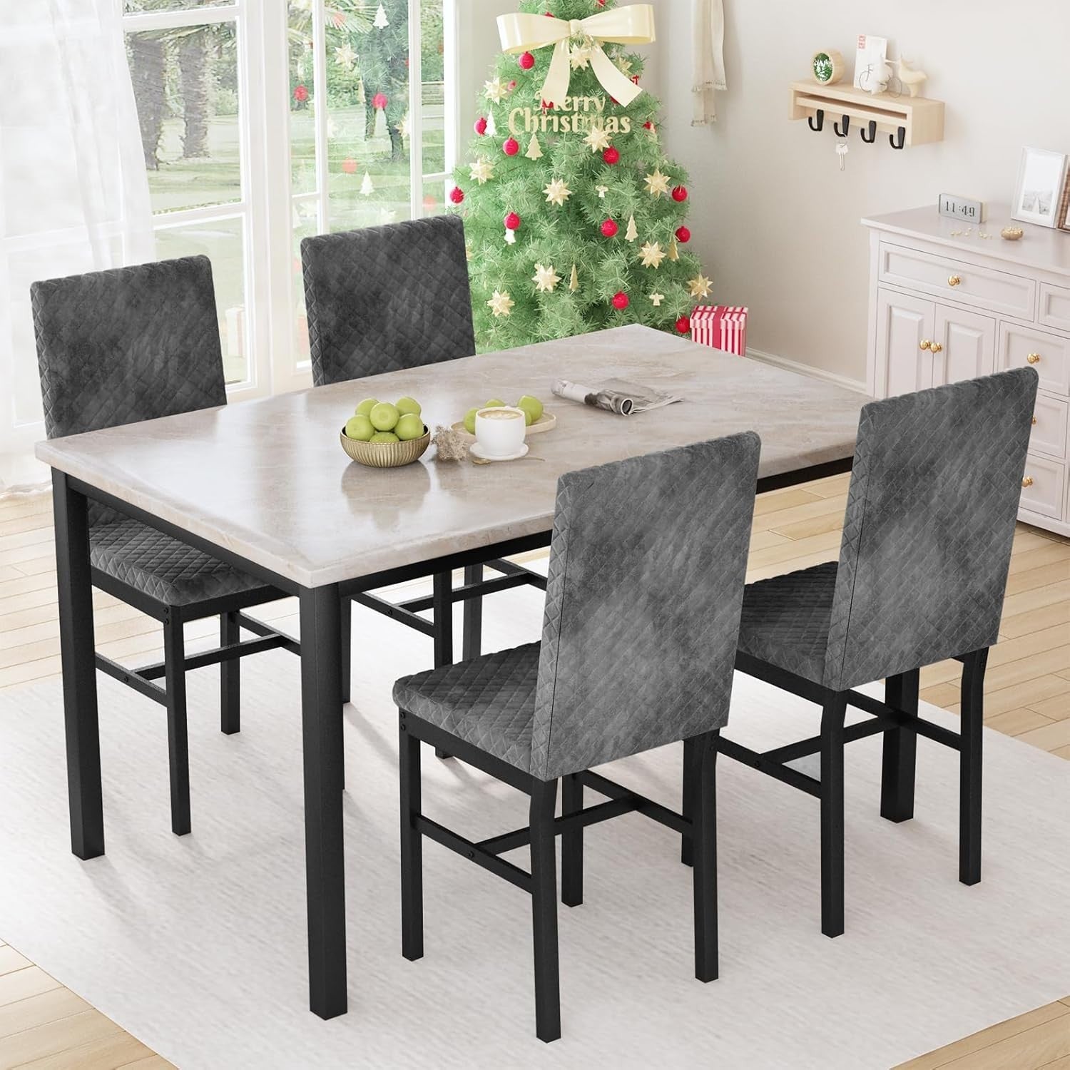 Faux Marble Dining Table & 4 Upholstered Chairs Set Space-Saving Design (Gray)