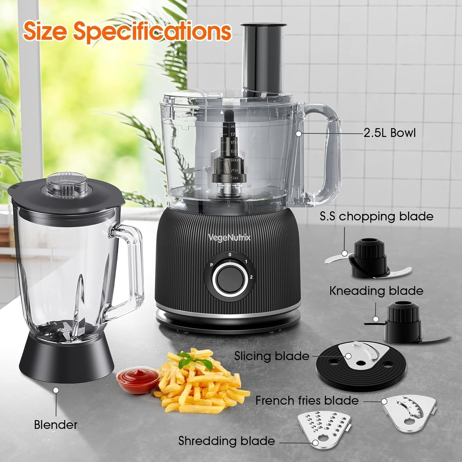 1500W Food Processor Blender Combo 2.5L Chopper 2L Glass Jug