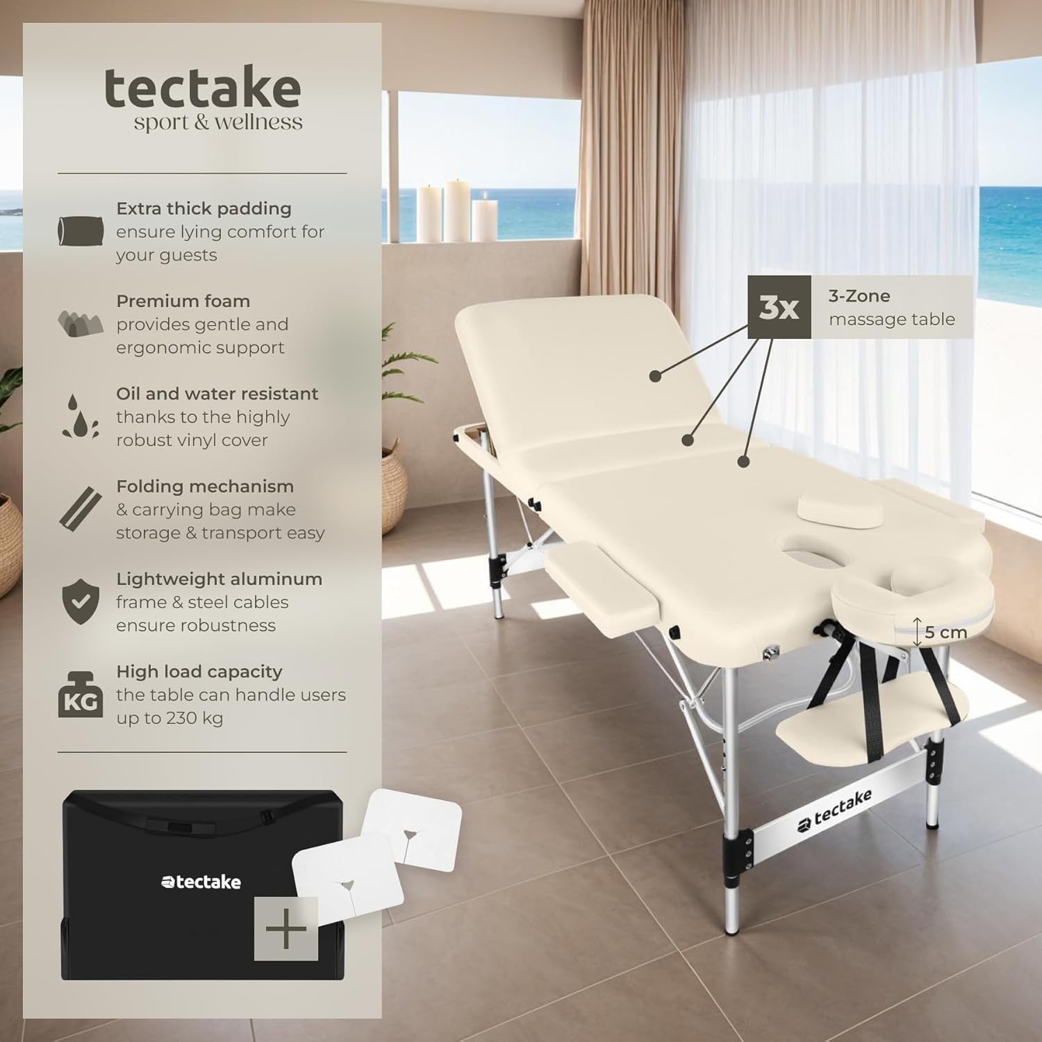 Portable 3 Zone Massage Table Foldable Aluminium Spa Beauty Bed 70cm Beige