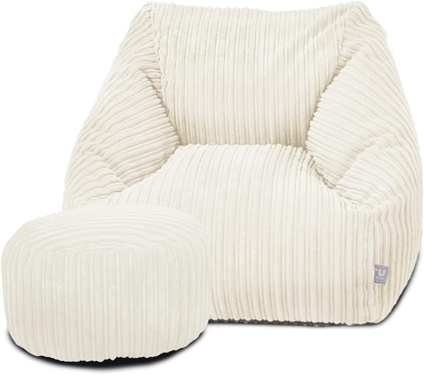 Kids Corduroy Bean Bag Chair & Footstool – Ivory, Washable, 70x80x60cm