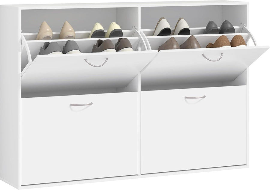 4 Drawer Shoe Cabinet Storage Unit – Modern Slim Cupboard with Flip Doors – Whit