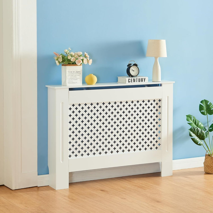 Medium White Radiator Cover 112cm Diamond Design MDF Cabinet for Living Room