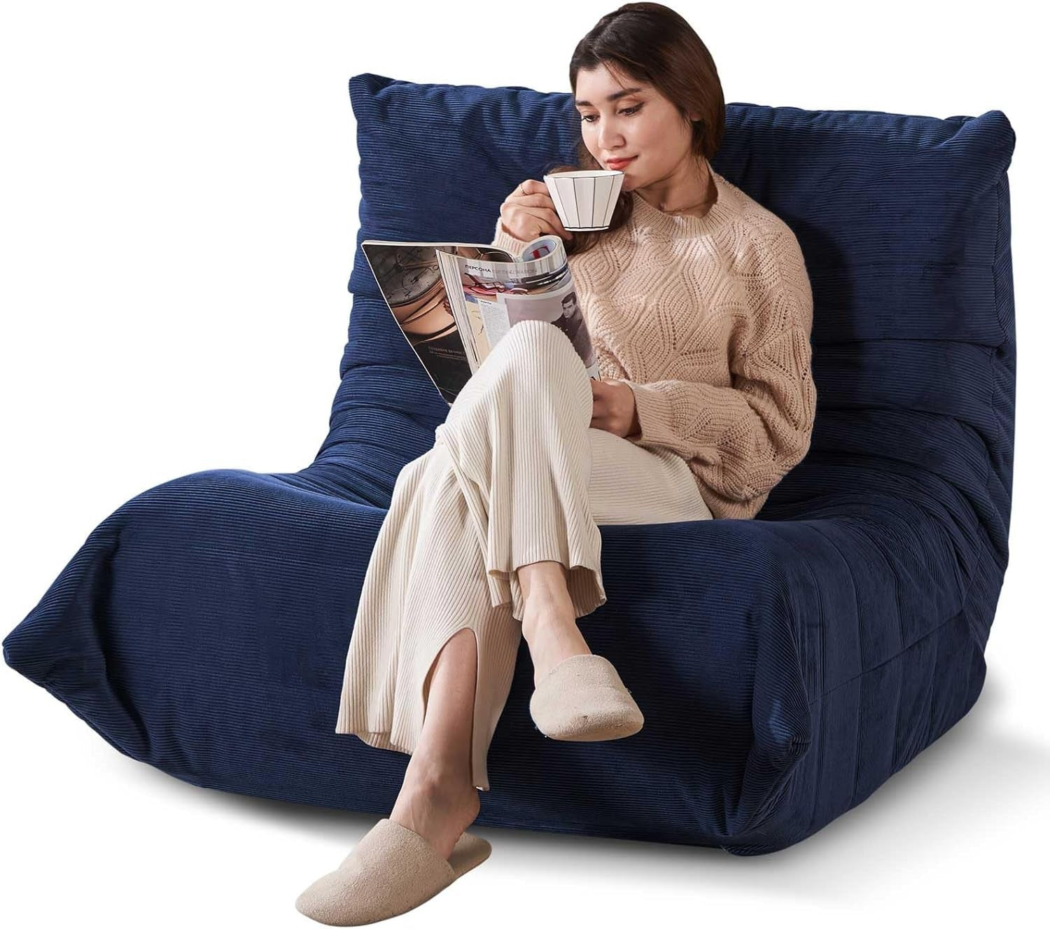 Large Floor Sofa Chair Lounger Blue Bean Bag Style for Adults Bedroom