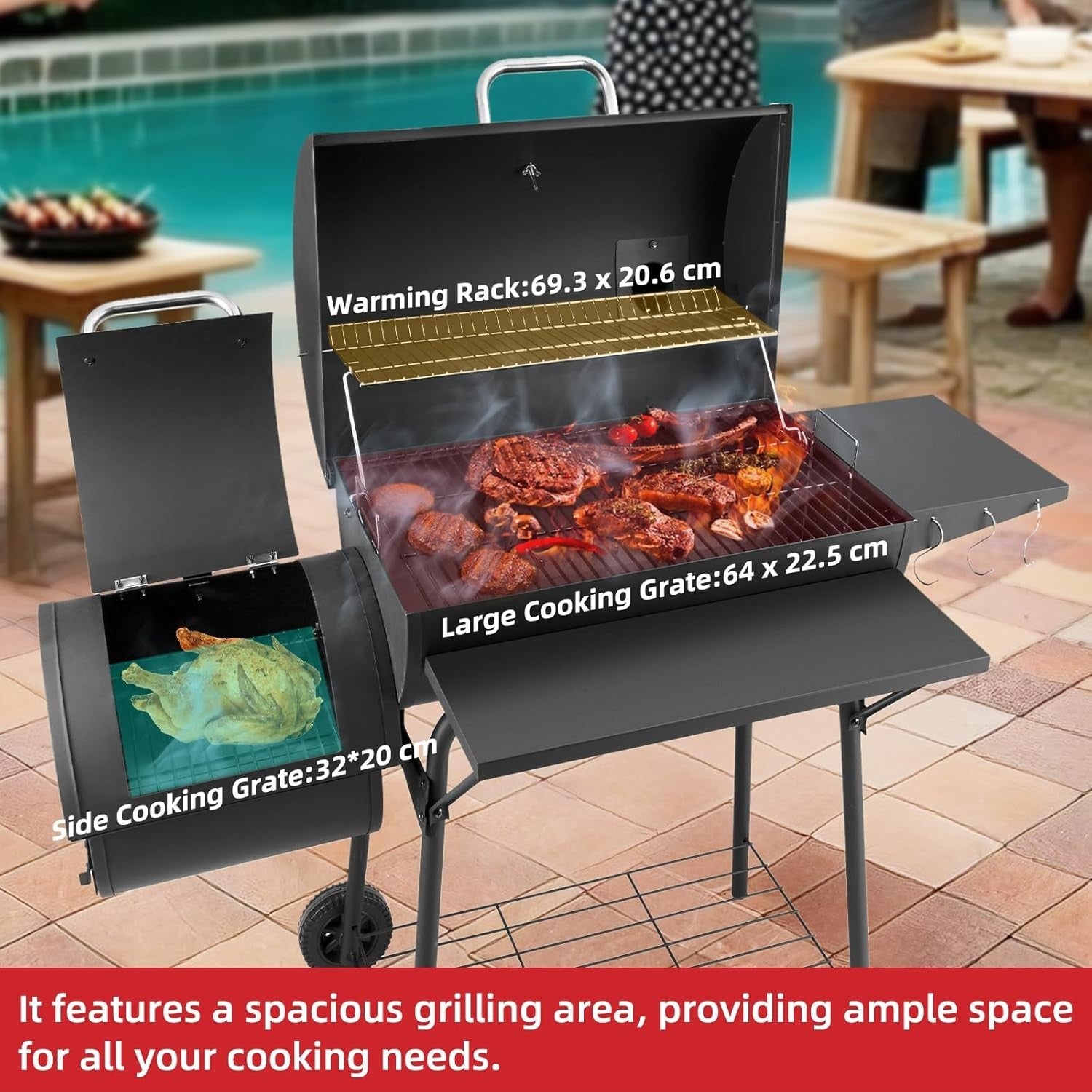 Charcoal BBQ Grill with Offset Smoker, Large Barrel BBQ with Thermometer