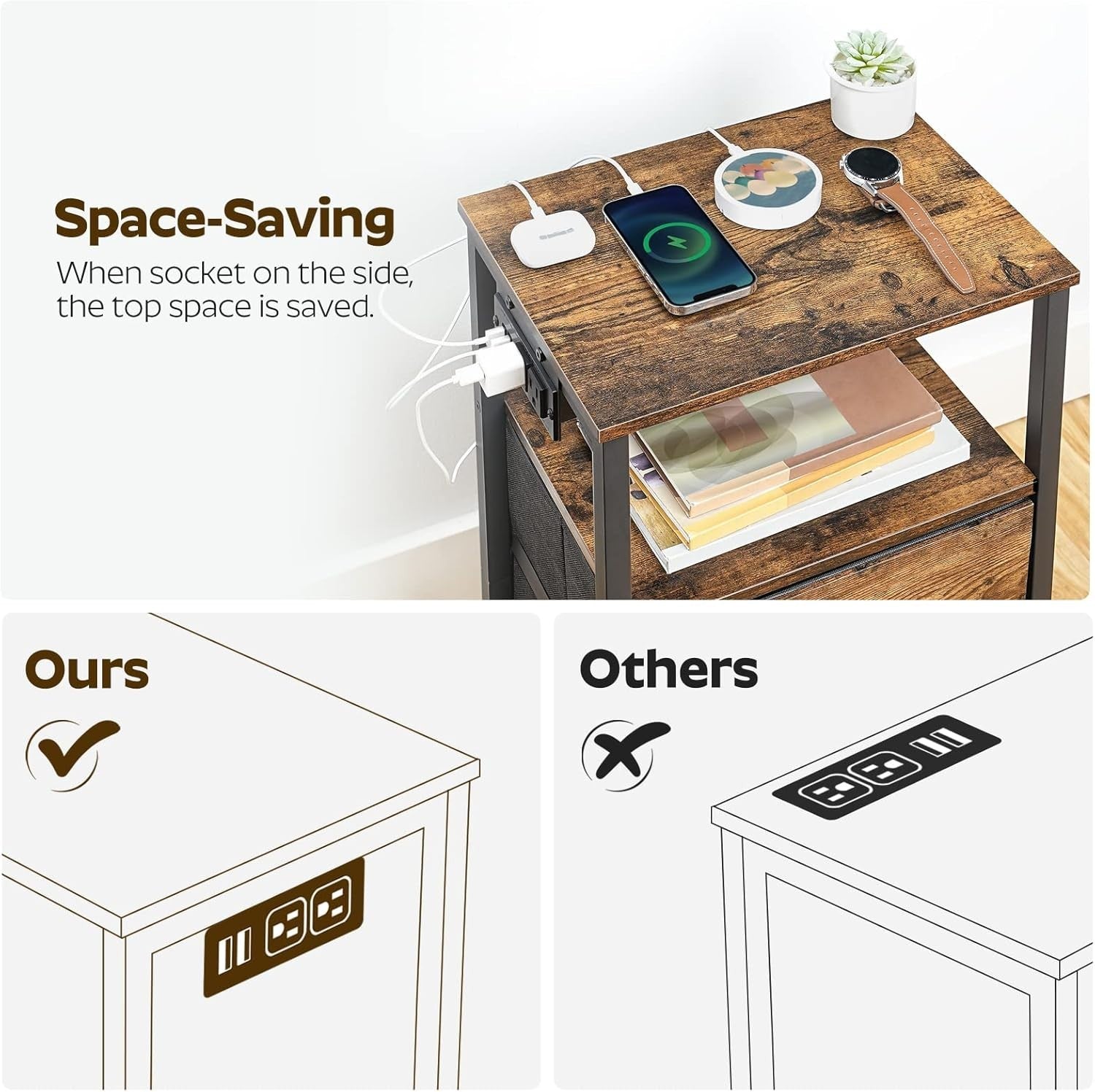 Set of 2 Rustic Bedside Tables with USB Charging Station 2 Drawers & Shelves