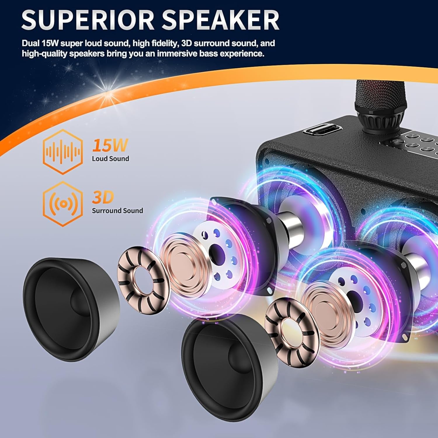 Portable Karaoke Machine 2 Mics Bluetooth Speaker with LED Lights