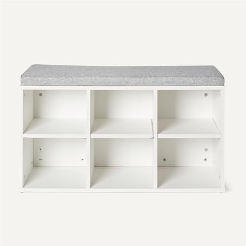 White Shoe Storage Bench with Cushion Seat 6 Compartment Adjustable Shelves