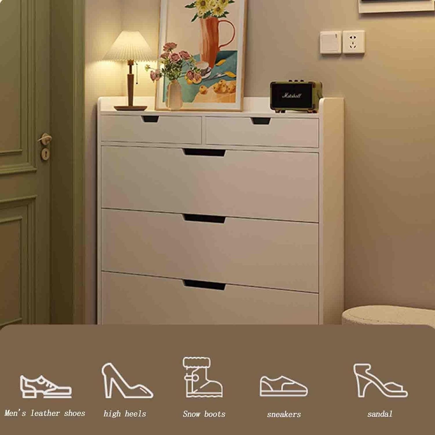 Slim Solid Wood Shoe Cabinet with 3 Flaps & 2 Drawers – 100×17×121 cm