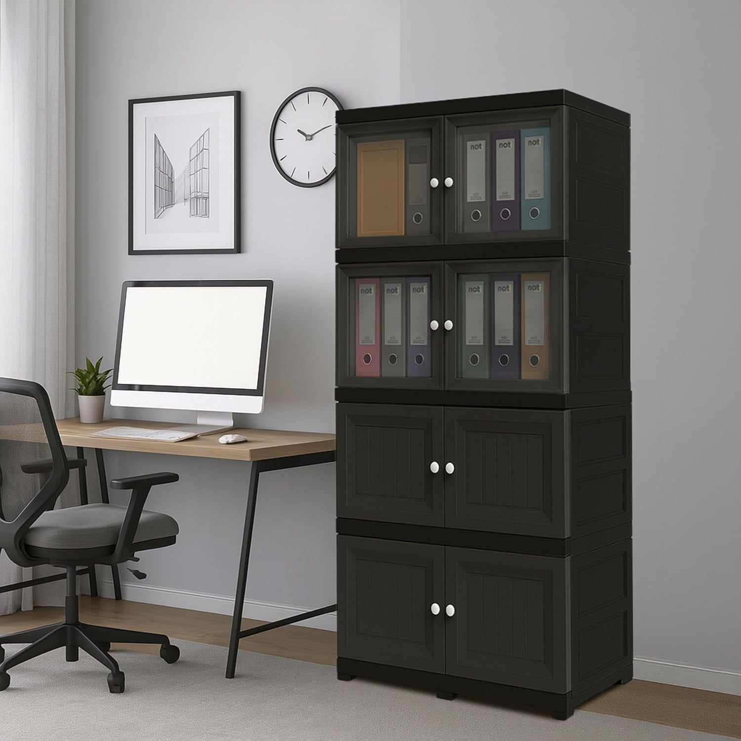 4 Tier Plastic Storage Cabinet | Grey Cupboard with Tinted Doors for Home Office