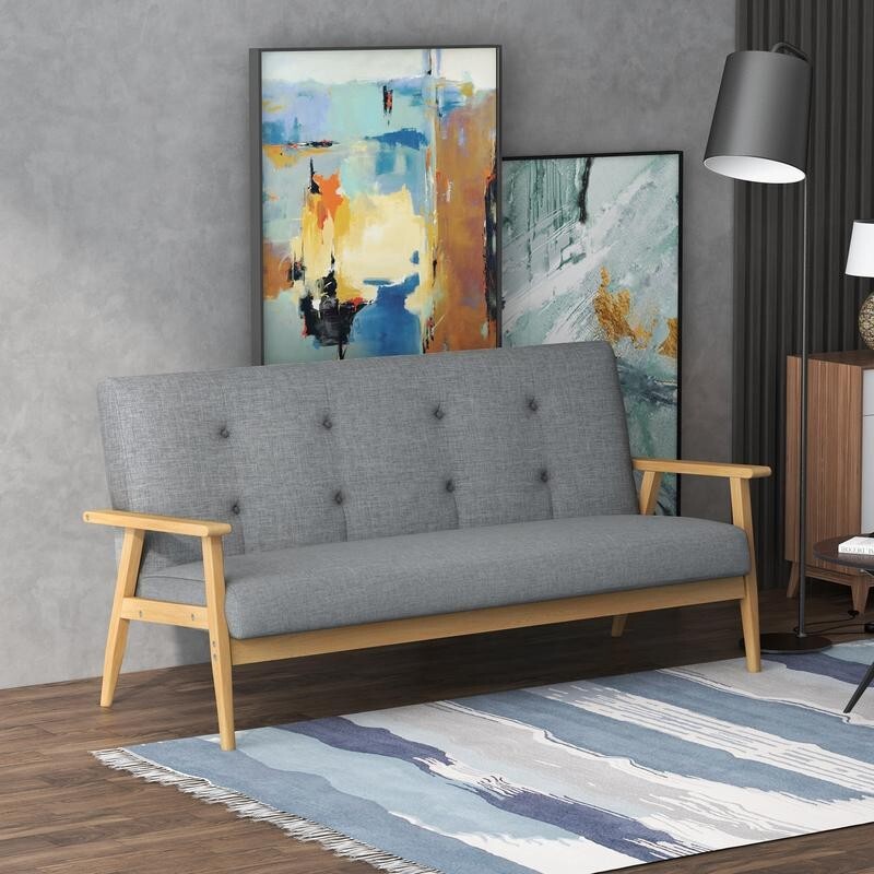 3 Seater Sofa Dark Grey Linen Tufted Couch with Wood Frame Lounge Seating