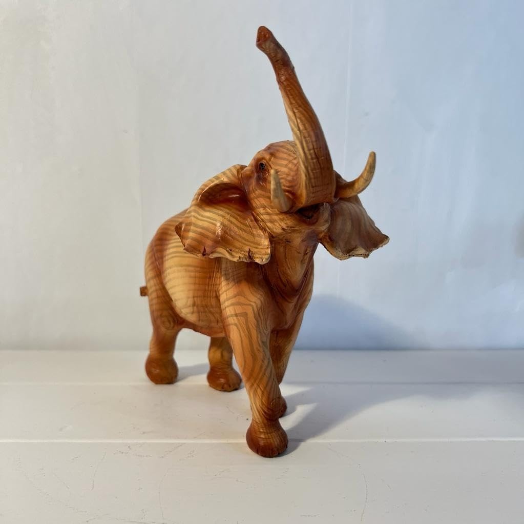 Wood Effect Elephant Ornament | Resin Wildlife Decor | Raised Trunk Figurine