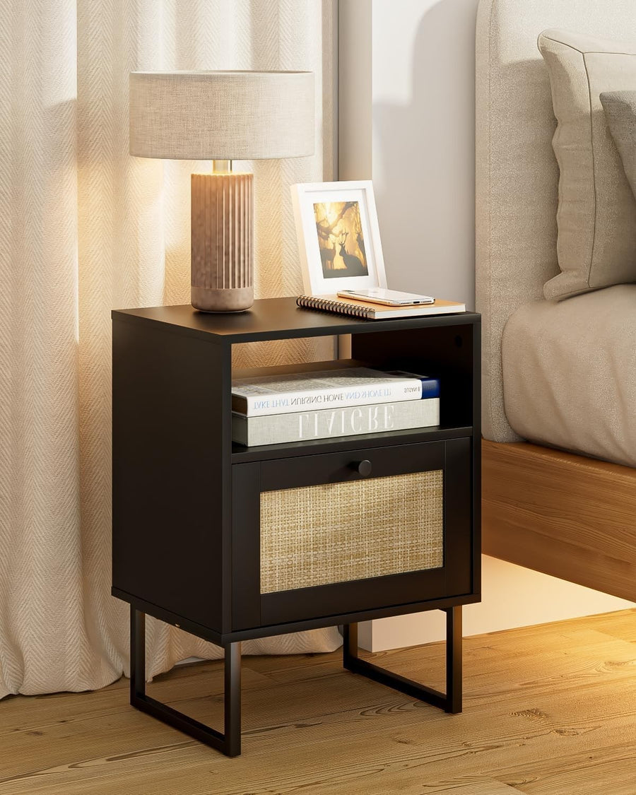 Luxury Rattan Bedside Table with Drawer Black Oak Nightstand XL Boho Style