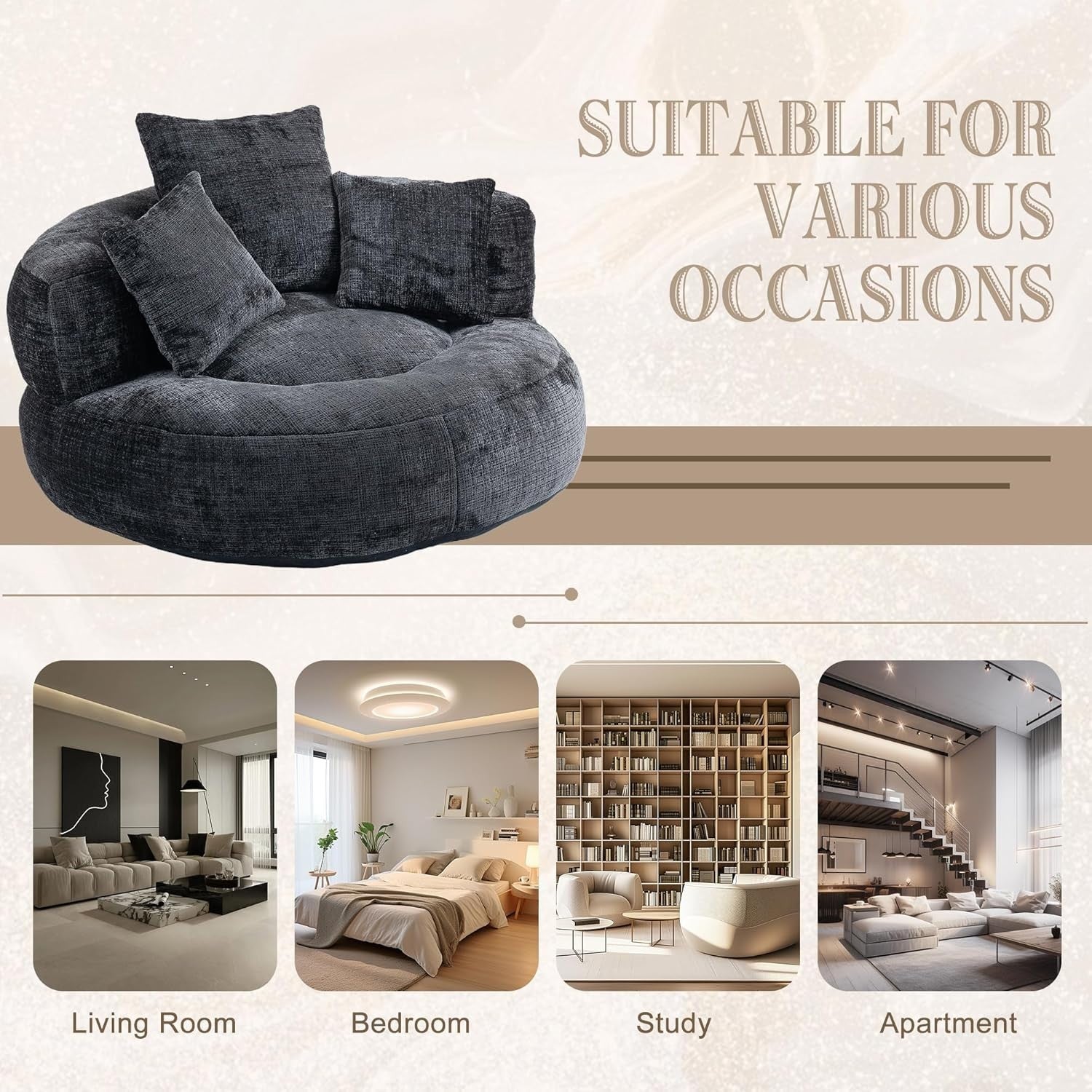 Black Luxury Bean Bag Sofa Chair w/ Pillows – Indoor Outdoor Gaming Seat