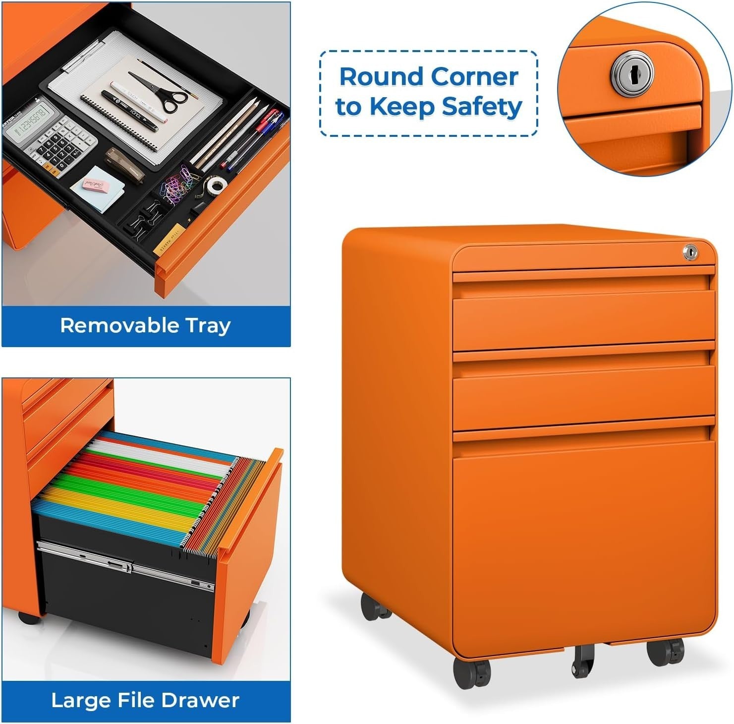 Orange Lockable Metal Filing Cabinet 3 Drawer A4 Anti Tilt on Wheels