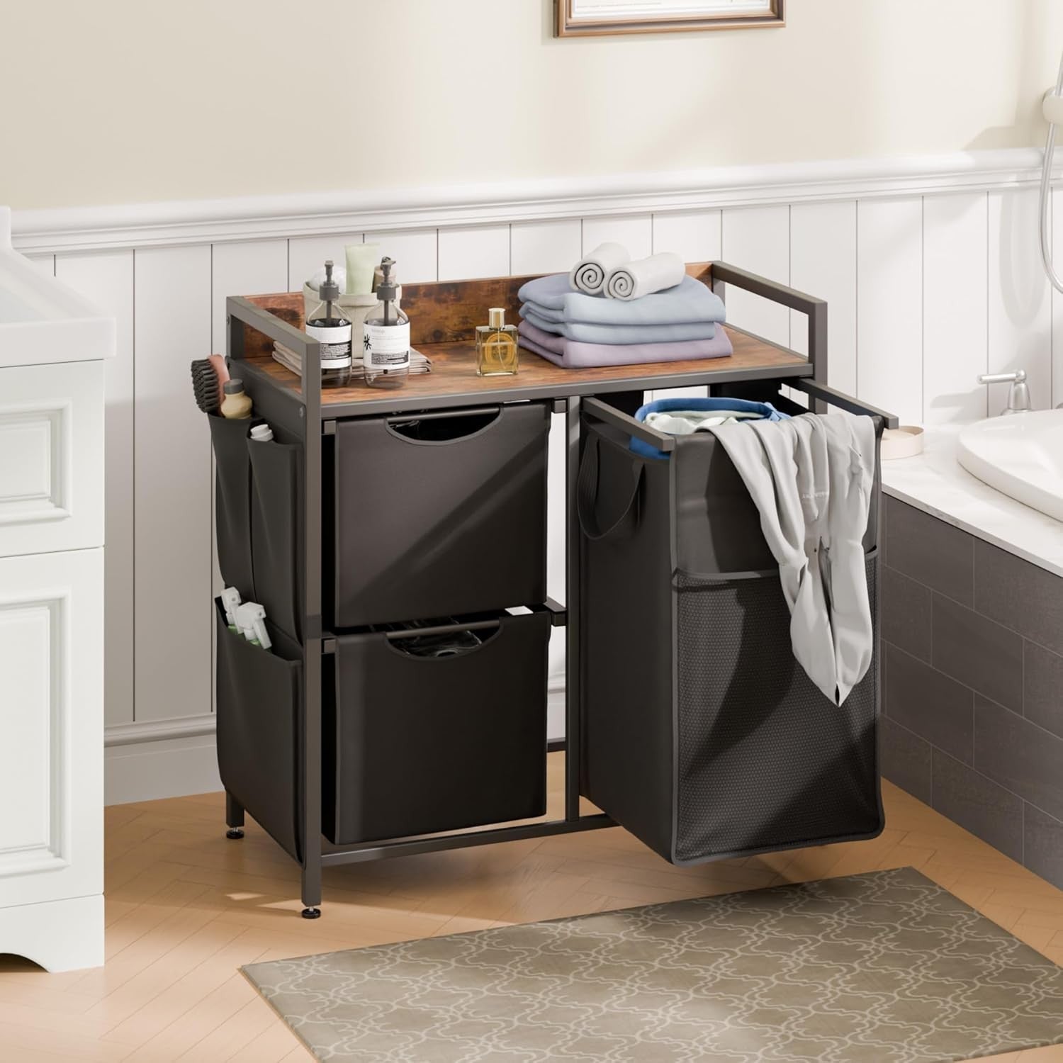 100L 3-Compartment Laundry Hamper with Wheels Rustic Top Removable Bags