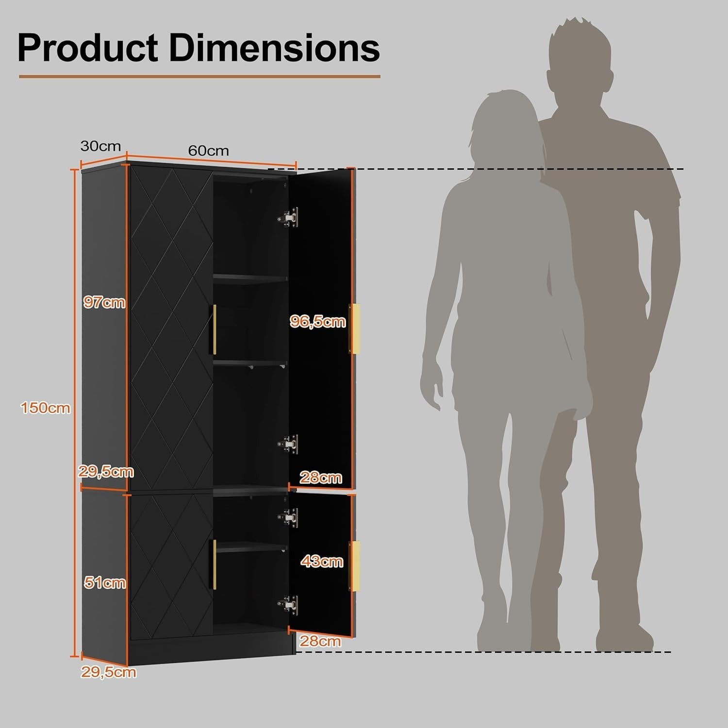 Tall Kitchen Cupboard Black 4-Door Buffet Cabinet Storage Unit