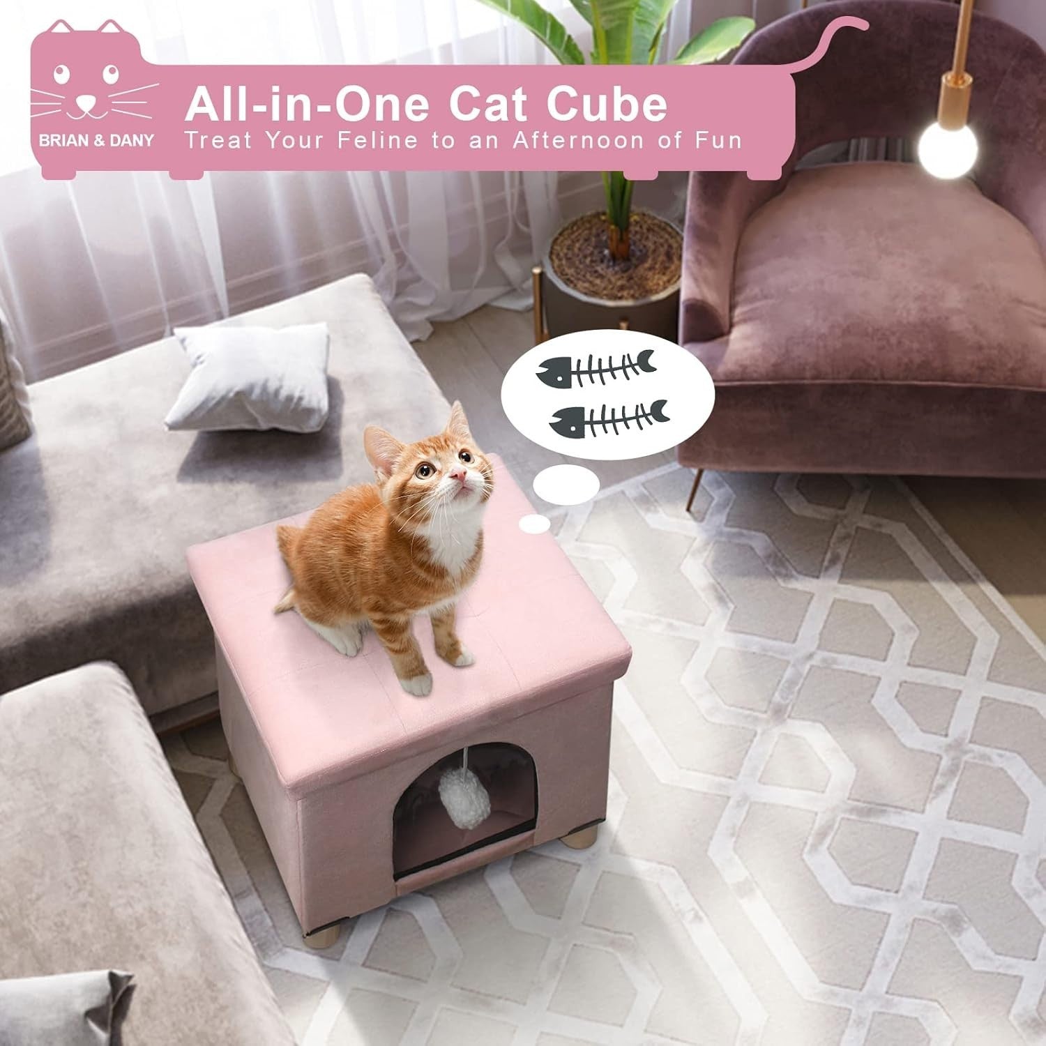Foldable Cat House Cube Cave w Scratching Board Cushion & Ball Pink