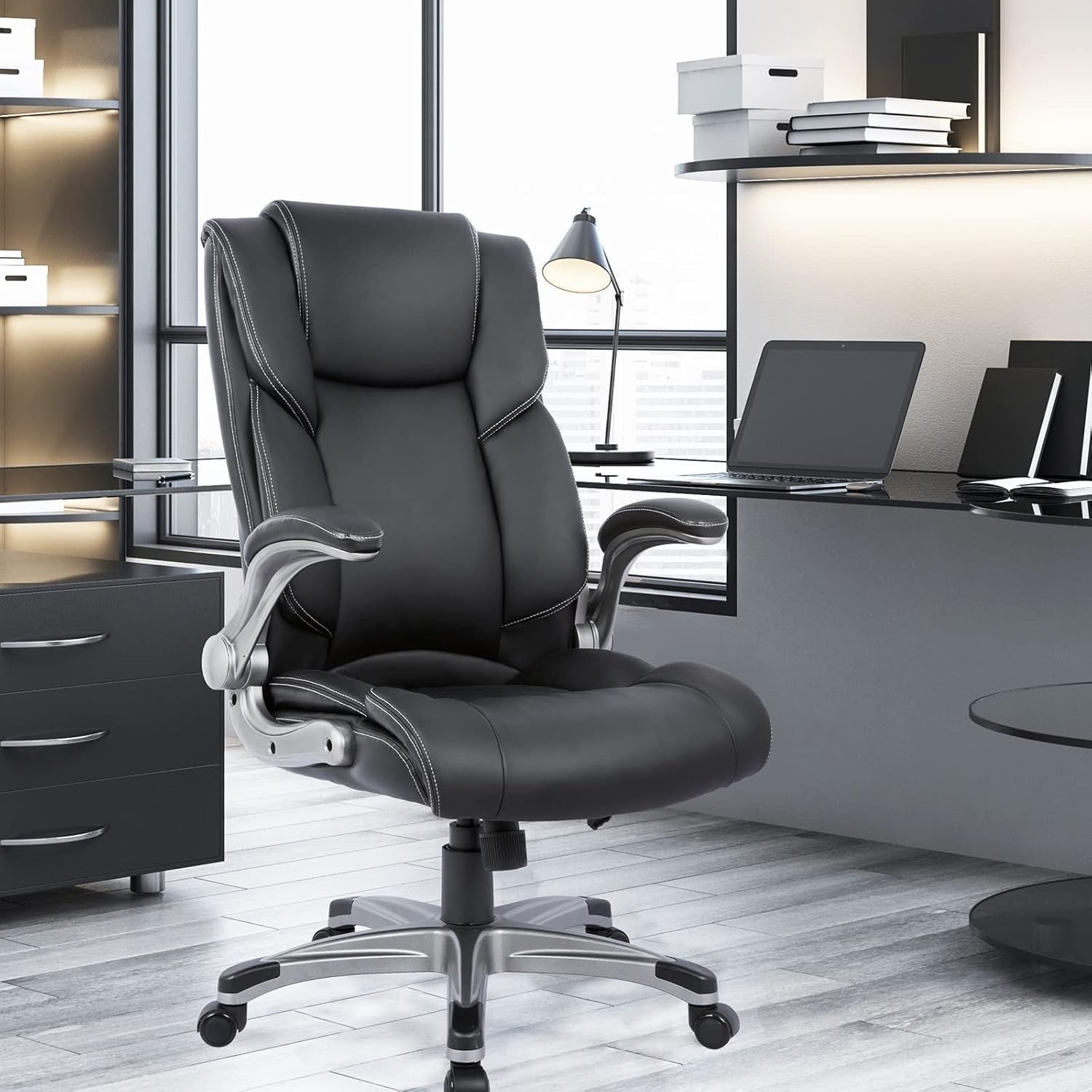 Executive Office Chair Bonded Leather Ergonomic Desk Chair Flip Arms Black