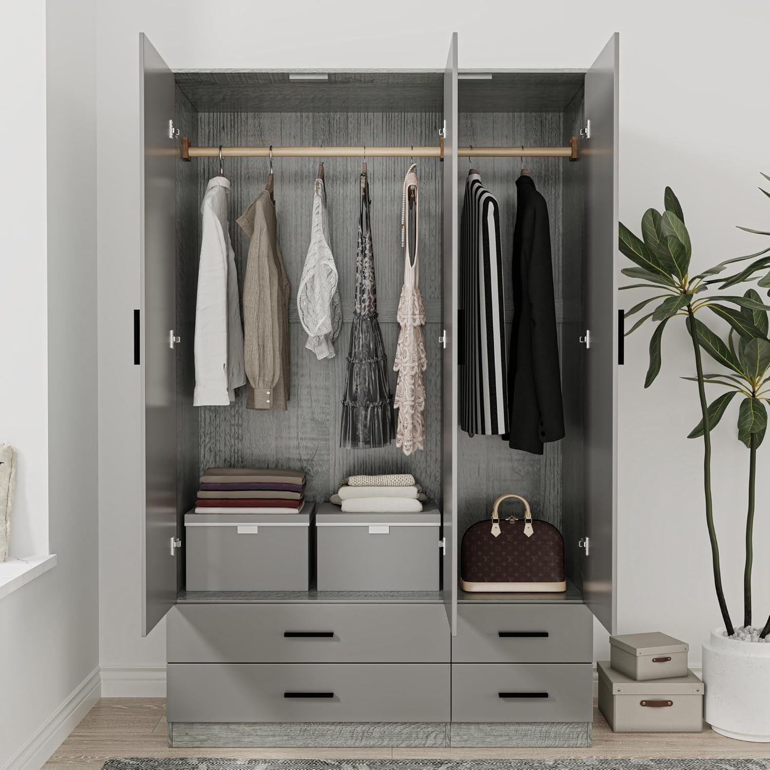 3 Door 4 Drawer Wardrobe Hanging Rail Storage Ash Grey & Cool Grey