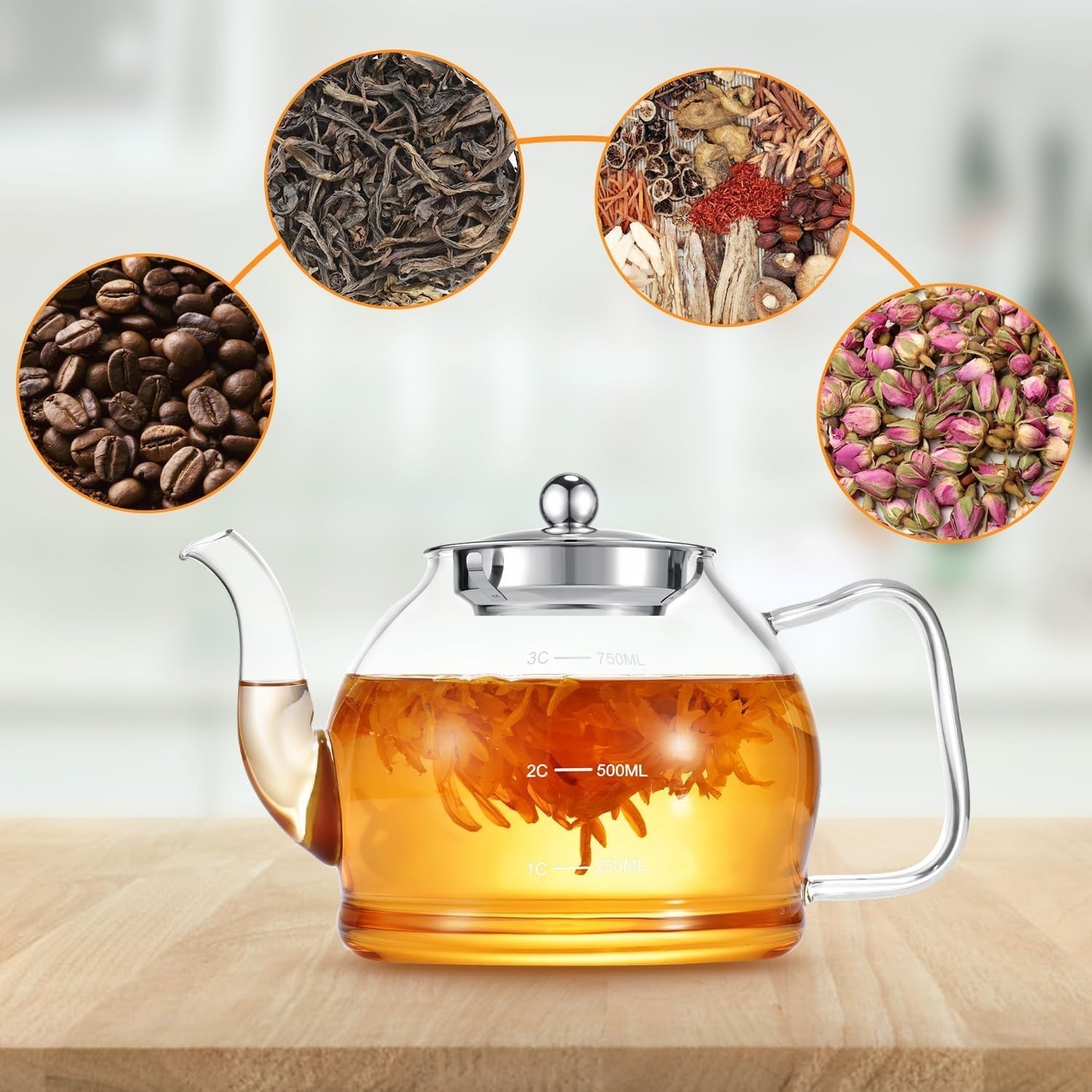 Glass Teapot 800ml with Infuser Loose Leaf Tea Pot Stovetop Safe
