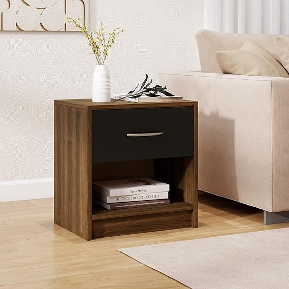 Modern Brown Bedside Table with Drawer & Open Shelf | Compact Nightstand