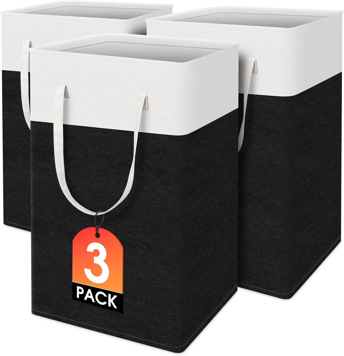 3 Pack 75L Large Laundry Hampers Foldable Clothes Baskets with Handles Black