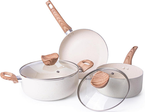 5pcs Cream Granite Non Stick Cookware Set with Lids – Induction Safe Pots